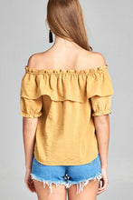 Ladies fashion short sleeve w/elastic off the shoulder flounce w/ruffle woven top - 4D's T&D Inc