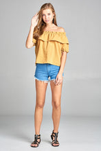 Ladies fashion short sleeve w/elastic off the shoulder flounce w/ruffle woven top - 4D's T&D Inc