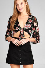 Ladies fashion elbow bell sleeve open front self tie floral print mesh crop top - 4D's T&D Inc