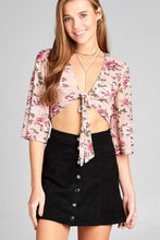 Ladies fashion elbow bell sleeve open front self tie floral print mesh crop top - 4D's T&D Inc