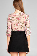 Ladies fashion elbow bell sleeve open front self tie floral print mesh crop top - 4D's T&D Inc