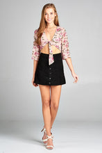 Ladies fashion elbow bell sleeve open front self tie floral print mesh crop top - 4D's T&D Inc