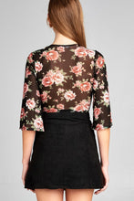Ladies fashion elbow bell sleeve open front self tie floral print mesh crop top - 4D's T&D Inc
