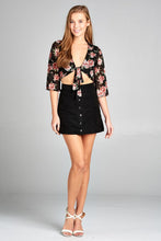 Ladies fashion elbow bell sleeve open front self tie floral print mesh crop top - 4D's T&D Inc