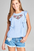 Ladies fashion ruffle cap sleeve round neck front floral embo w/back button detail stripe woven top - 4D's T&D Inc