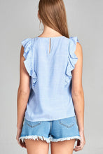 Ladies fashion ruffle cap sleeve round neck front floral embo w/back button detail stripe woven top - 4D's T&D Inc