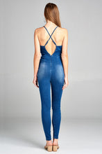 Ladies fashion plunging v-neck cami w/back cross strap long leg denim jumpsuit - 4D's T&D Inc