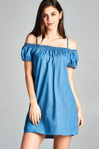 Ladies fashion shoulder strap open shoulder chambray shift dress - 4D's T&D Inc