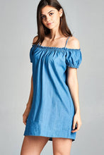 Ladies fashion shoulder strap open shoulder chambray shift dress - 4D's T&D Inc