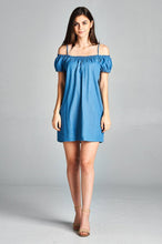 Ladies fashion shoulder strap open shoulder chambray shift dress - 4D's T&D Inc