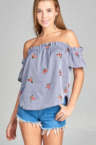 Ladies fashion short sleeve off the shoulder w/all over embo detail stripe woven top - 4D's T&D Inc