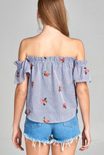 Ladies fashion short sleeve off the shoulder w/all over embo detail stripe woven top - 4D's T&D Inc