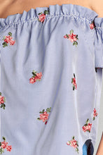 Ladies fashion short sleeve off the shoulder w/all over embo detail stripe woven top - 4D's T&D Inc