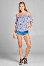 Ladies fashion short sleeve off the shoulder w/all over embo detail stripe woven top - 4D's T&D Inc