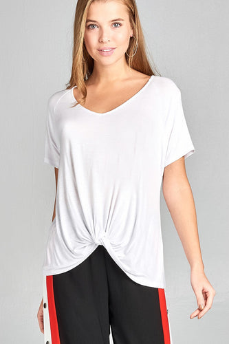 Ladies fashion short raglan sleeve front twisted rayon spandex top - 4D's T&D Inc