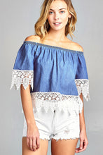 Ladies fashion short sleeve off the shoulder w/crochet lace chambray top - 4D's T&D Inc