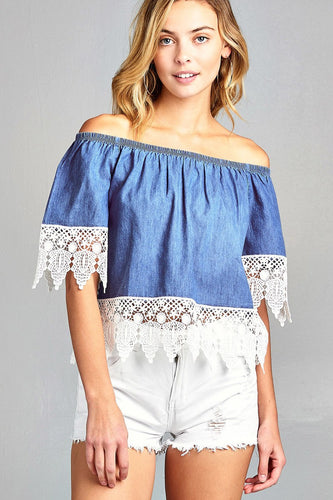 Ladies fashion short sleeve off the shoulder w/crochet lace chambray top - 4D's T&D Inc