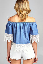 Ladies fashion short sleeve off the shoulder w/crochet lace chambray top - 4D's T&D Inc