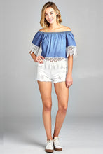 Ladies fashion short sleeve off the shoulder w/crochet lace chambray top - 4D's T&D Inc