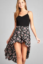 Ladies fashion v-neckline open back w/cross strap contrast floral print insert short pants high-low dress - 4D's T&D Inc