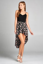 Ladies fashion v-neckline open back w/cross strap contrast floral print insert short pants high-low dress - 4D's T&D Inc