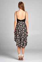 Ladies fashion v-neckline open back w/cross strap contrast floral print insert short pants high-low dress - 4D's T&D Inc