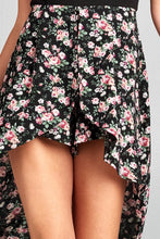 Ladies fashion v-neckline open back w/cross strap contrast floral print insert short pants high-low dress - 4D's T&D Inc
