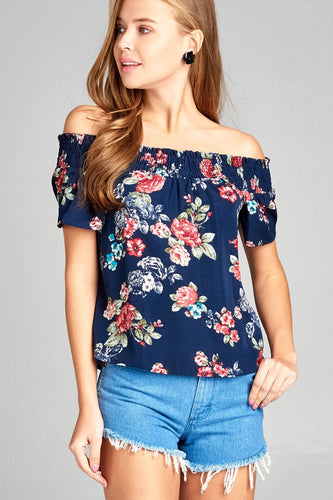 Ladies fashion short sleeve off the shoulder smocked detail w/back ribbon floral print woven top - 4D's T&D Inc