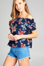 Ladies fashion short sleeve off the shoulder smocked detail w/back ribbon floral print woven top - 4D's T&D Inc