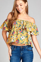 Ladies fashion off the shoulder ruffle floral print crepe woven top - 4D's T&D Inc