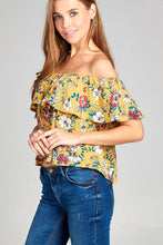 Ladies fashion off the shoulder ruffle floral print crepe woven top - 4D's T&D Inc