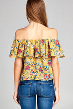 Ladies fashion off the shoulder ruffle floral print crepe woven top - 4D's T&D Inc