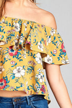 Ladies fashion off the shoulder ruffle floral print crepe woven top - 4D's T&D Inc