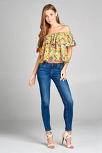 Ladies fashion off the shoulder ruffle floral print crepe woven top - 4D's T&D Inc