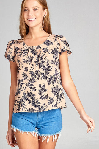 Ladies fashion short tulip sleeve round neck w/strappy back detail floral print woven top - 4D's T&D Inc