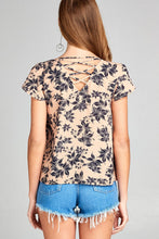Ladies fashion short tulip sleeve round neck w/strappy back detail floral print woven top - 4D's T&D Inc