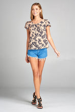 Ladies fashion short tulip sleeve round neck w/strappy back detail floral print woven top - 4D's T&D Inc