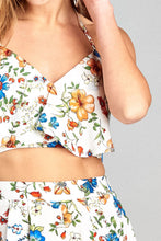 Ladies fashion v-line halter neck strap front ruffle elastic back crop woven top - 4D's T&D Inc