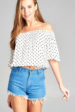 Ladies fashion short sleeve off the shoulder w/elastic hem dot print rayon crinkle gauze woven top - 4D's T&D Inc