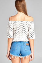 Ladies fashion short sleeve off the shoulder w/elastic hem dot print rayon crinkle gauze woven top - 4D's T&D Inc