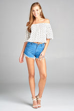 Ladies fashion short sleeve off the shoulder w/elastic hem dot print rayon crinkle gauze woven top - 4D's T&D Inc