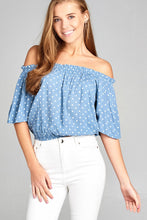 Ladies fashion short sleeve off the shoulder w/elastic hem dot print rayon crinkle gauze woven top - 4D's T&D Inc