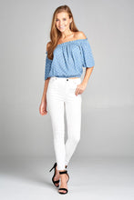 Ladies fashion short sleeve off the shoulder w/elastic hem dot print rayon crinkle gauze woven top - 4D's T&D Inc