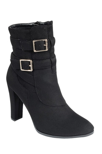 Ladies fashion bold metal buckles ankle boot, closed almond toe, block heel, zipper closure - 4D's T&D Inc