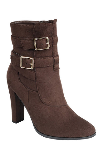 Ladies fashion bold metal buckles ankle boot, closed almond toe, block heel, zipper closure - 4D's T&D Inc