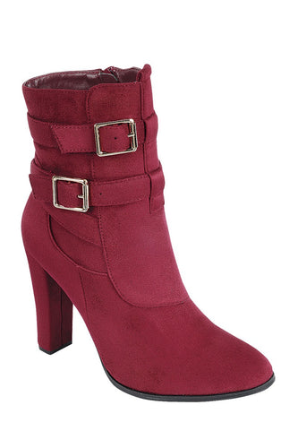 Ladies fashion bold metal buckles ankle boot, closed almond toe, block heel, zipper closure - 4D's T&D Inc