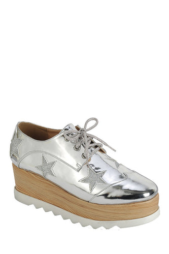 Ladies fashion lace up oxford, closed almond toe, tractor wedge platform, lace up closure, with decorative star details - 4D's T&D Inc