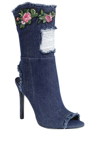 Ladies fashion distressed denim ankle boot, peep round toe, single sole stiletto heel - 4D's T&D Inc