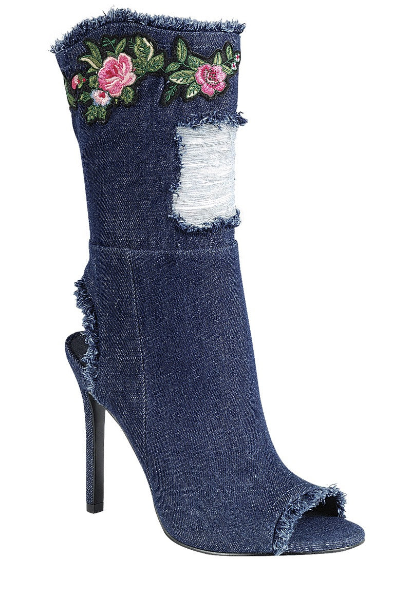 Ladies fashion distressed denim ankle boot, peep round toe, single sole stiletto heel - 4D's T&D Inc
