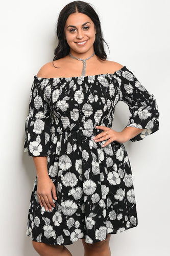 Ladies fashion plus size floral print off the shoulder  skater dress - 4D's T&D Inc